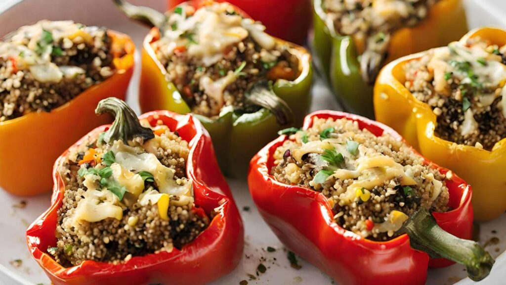 Bringing the Roasted Vegetables Together in Quinoa Stuffed Peppers Recipe